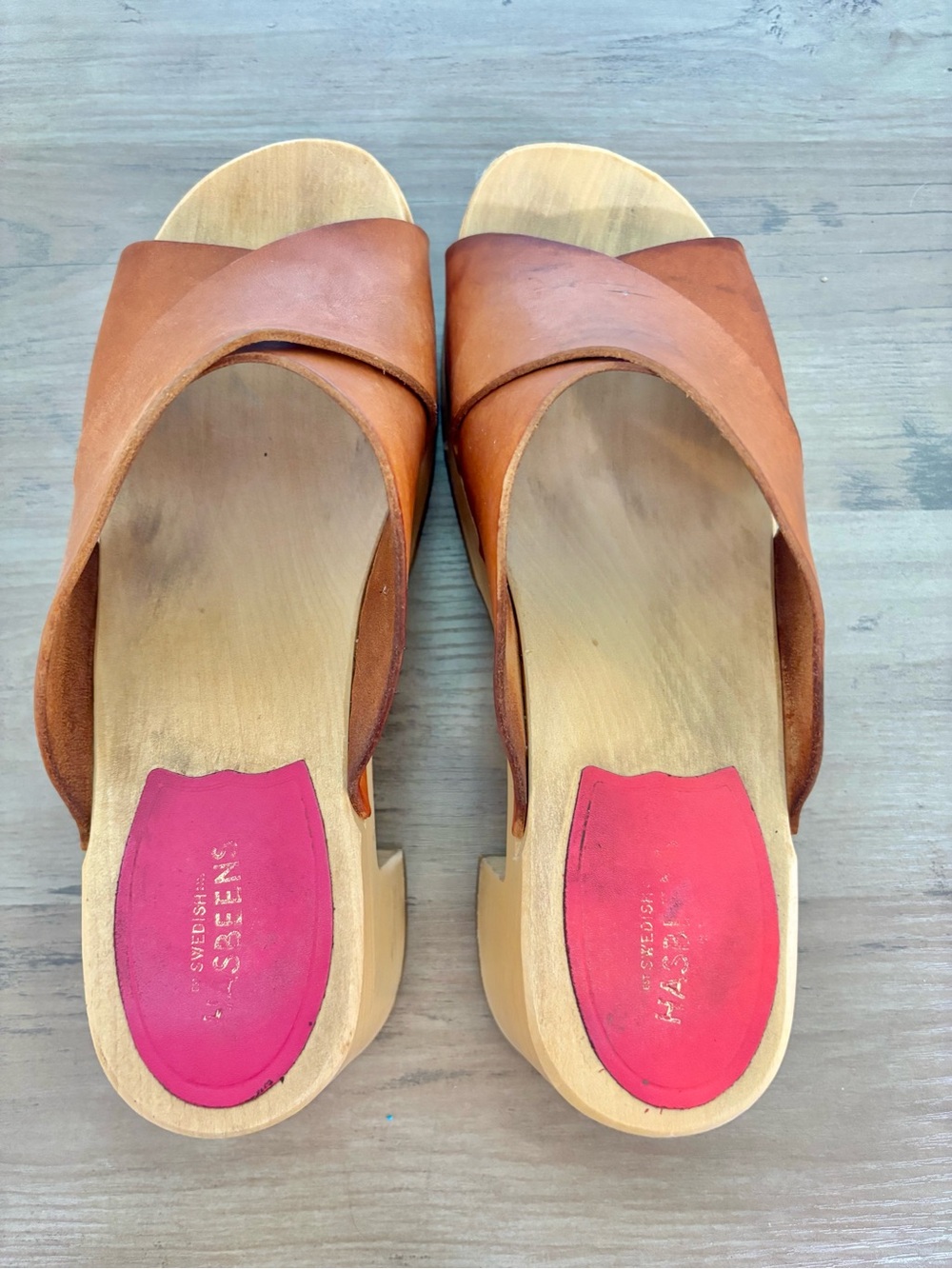 Swedish Hasbeens Anette High Tan Crossband Leather Clogs - Picture 8 of 16
